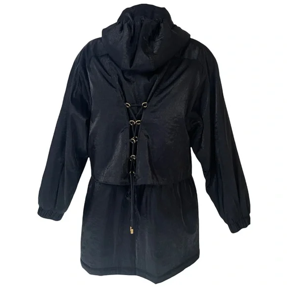 Black Hooded Jacket Warm Medium Weight Dressy Jacket Shimmer Black Fabric